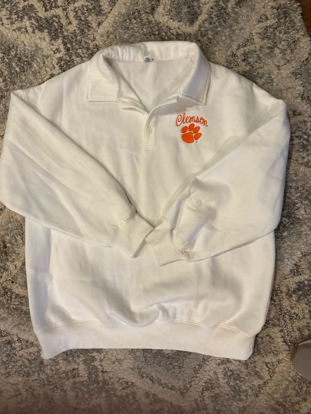 White Pullover Clemson Embroidered Collared Sweatshirt